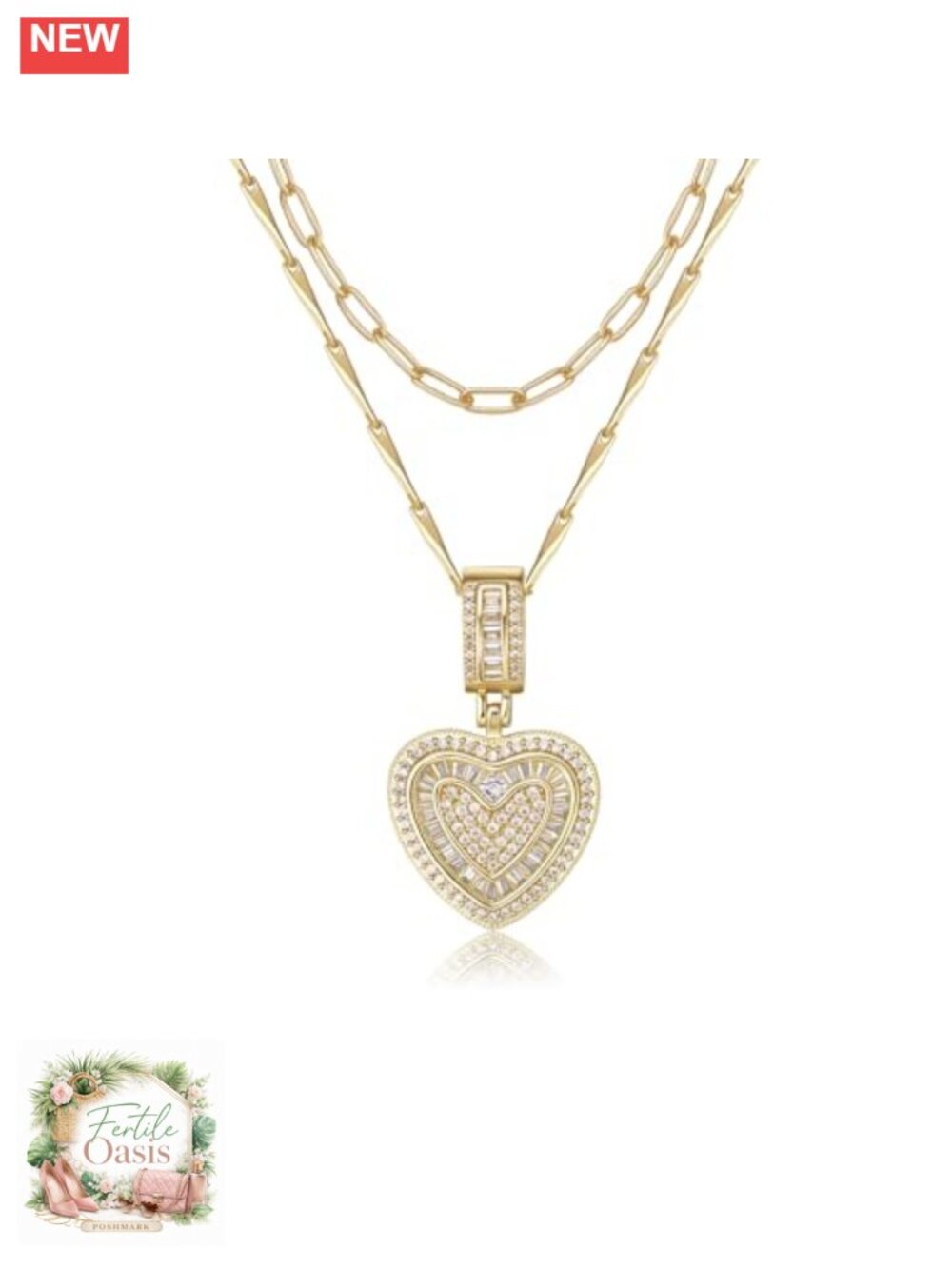 14k Gold Plated Layered Heart Necklace Set CZ Pendant Dainty